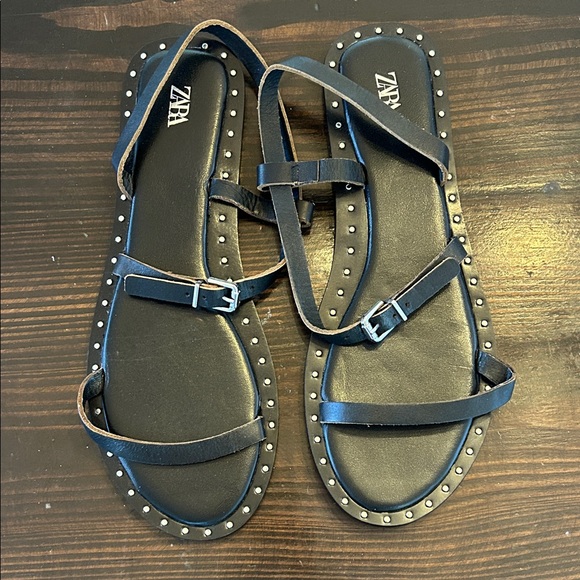 Zara Black Strappy Studded Sandals 7.5 - Picture 1 of 2